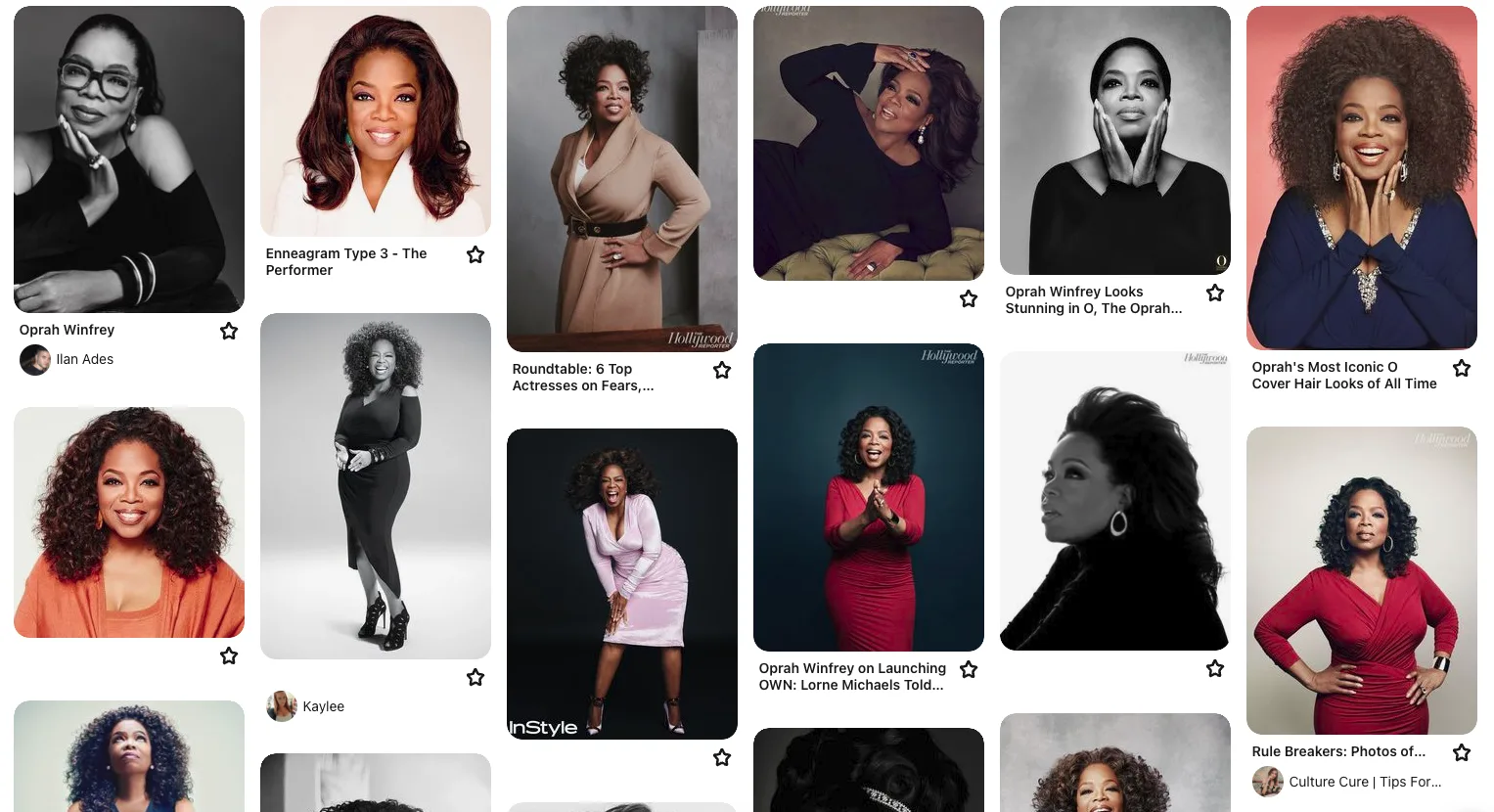 Näide brändi pildikeelest telesaatejuhi Oprah puhul platvormil Pinterest.